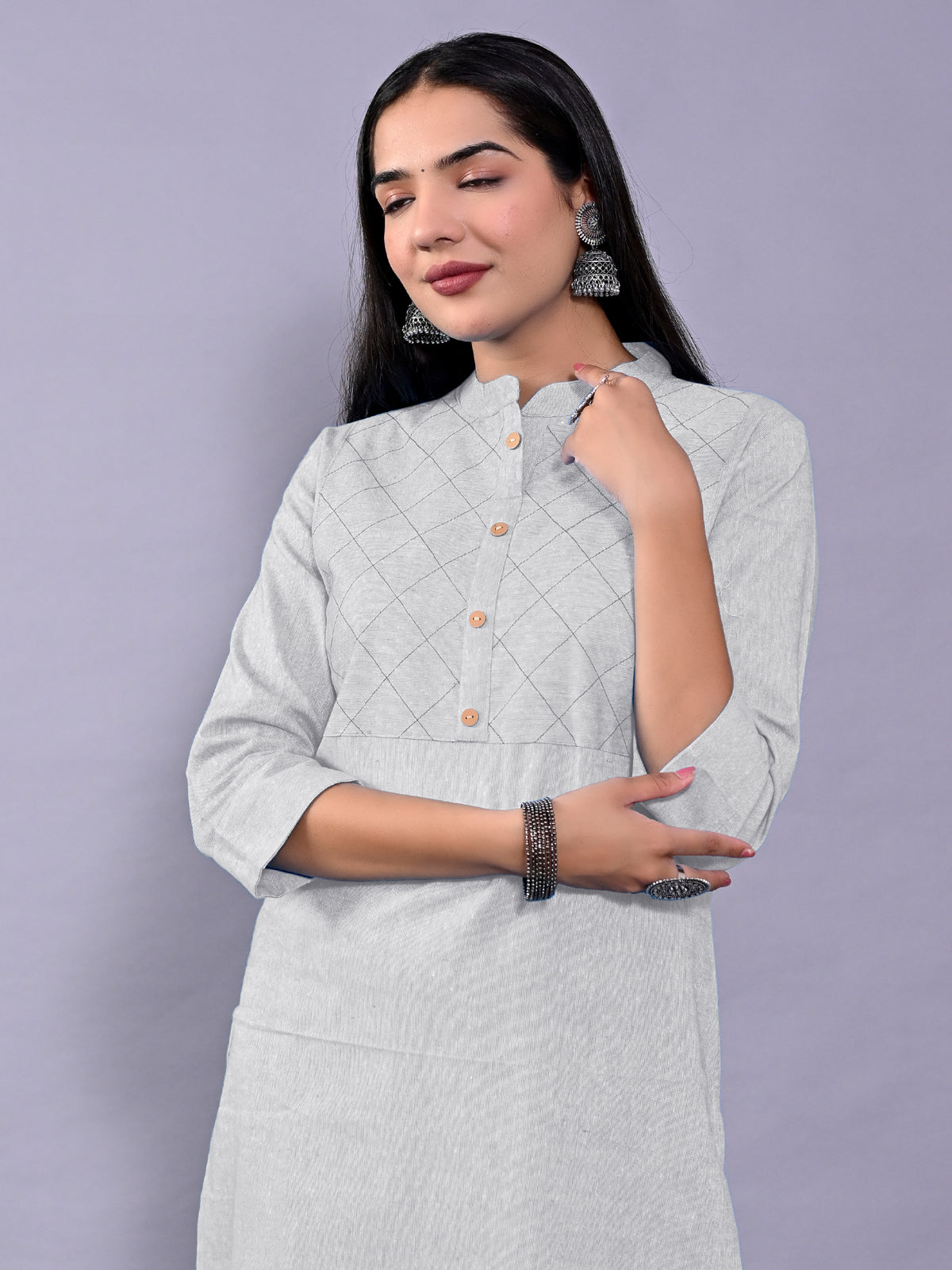 Women Solid Melange Grey Woven South Cotton Kurti