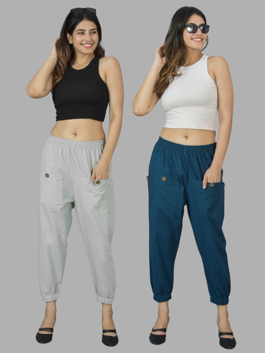 Combo Pack Of Womens Melange Grey And Teal Blue Four Pocket Cotton Cargo Pants