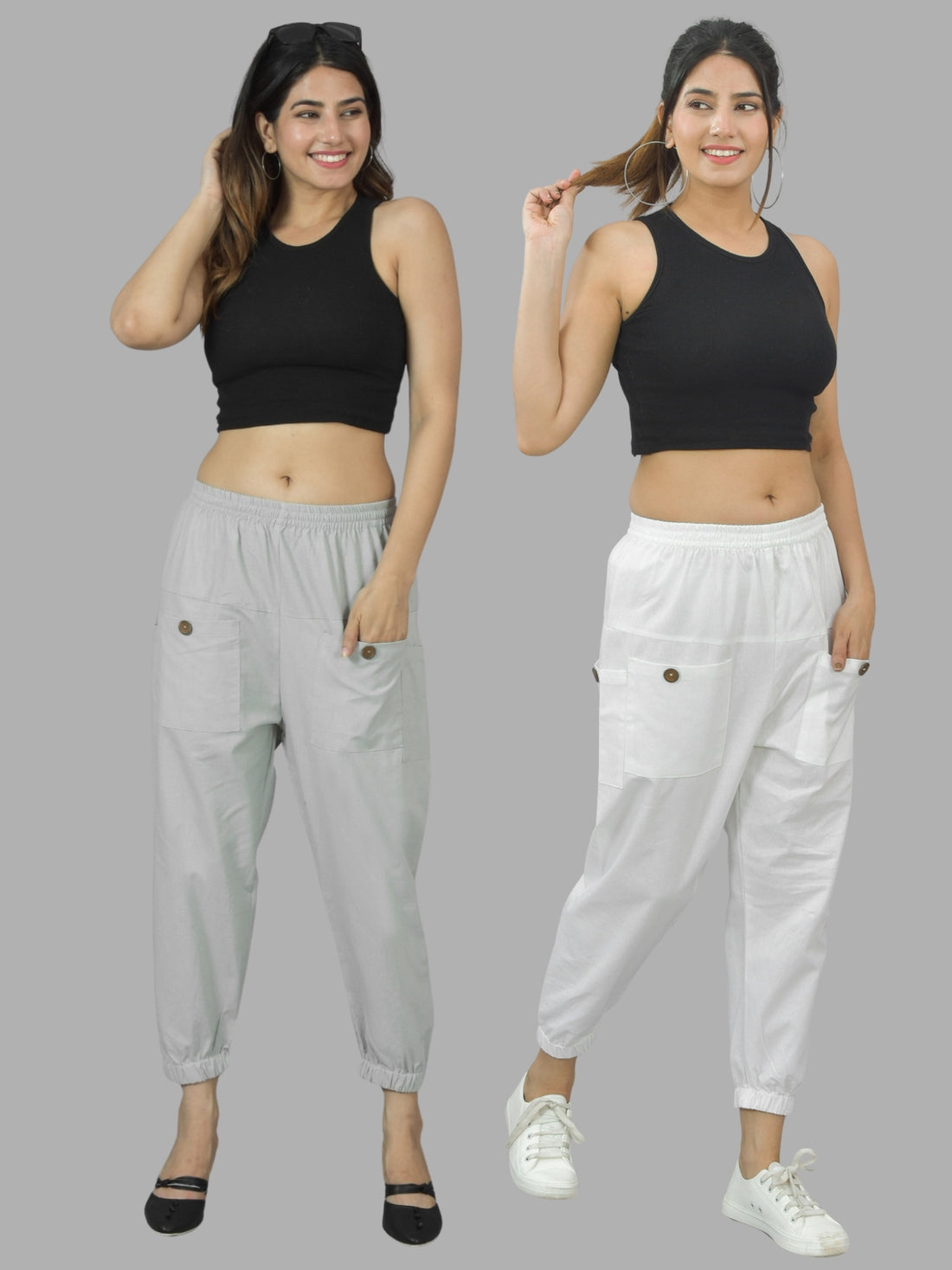 Combo Pack Of Womens Melange Grey And White Four Pocket Cotton Cargo Pants