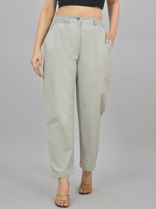 Womens Melange Grey Regular Fit Cotton Formal Trouser