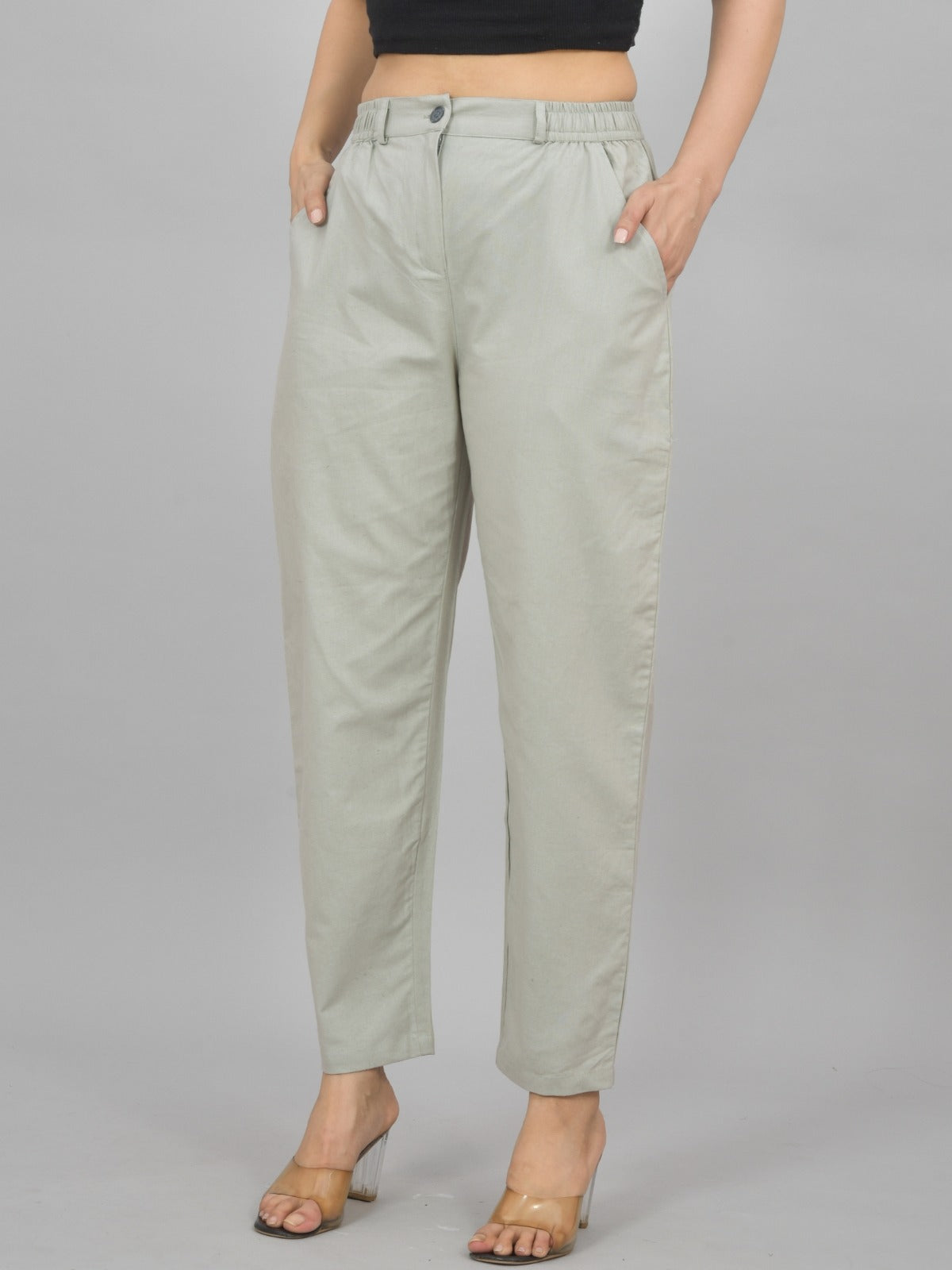 Womens Melange Grey Regular Fit Cotton Formal Trouser