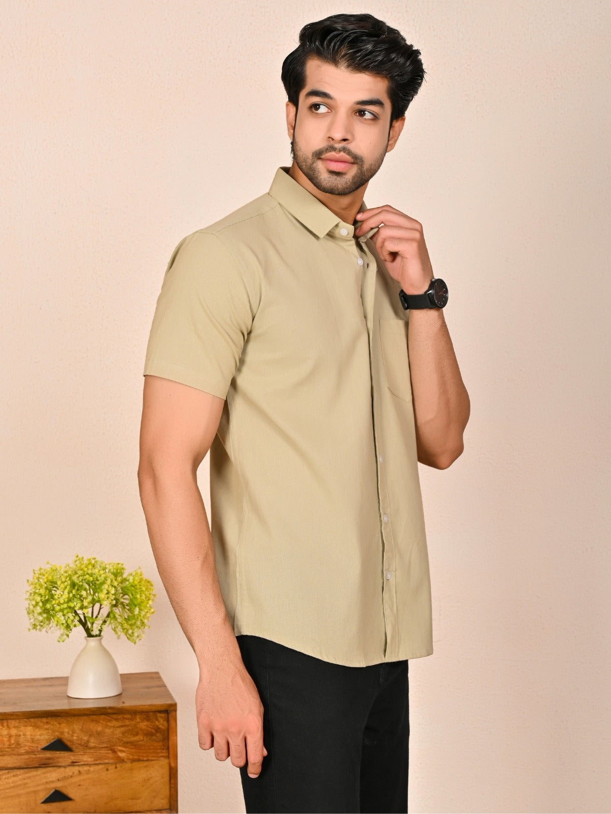 Mens solid Beige Half Sleeve Cotton shirt