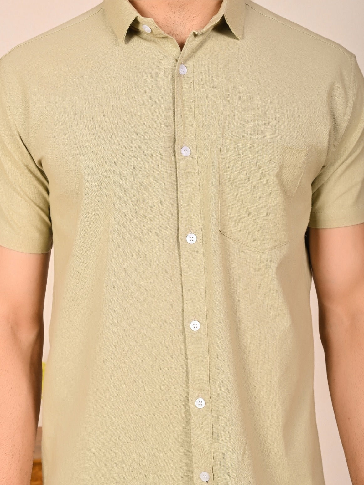 Mens solid Beige Half Sleeve Cotton shirt