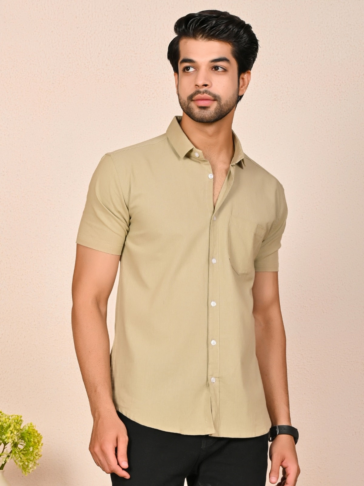 Mens solid Beige Half Sleeve Cotton shirt