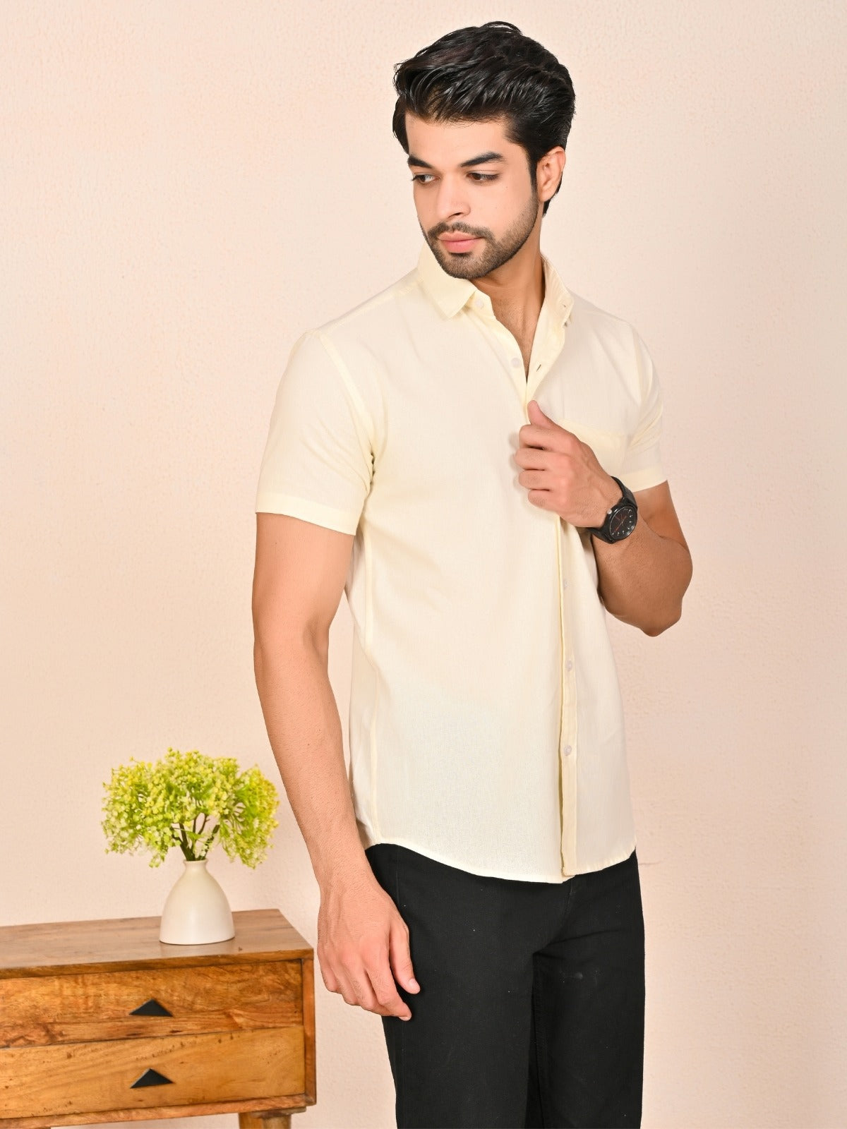 Mens solid Cream Half Sleeve Cotton shirt