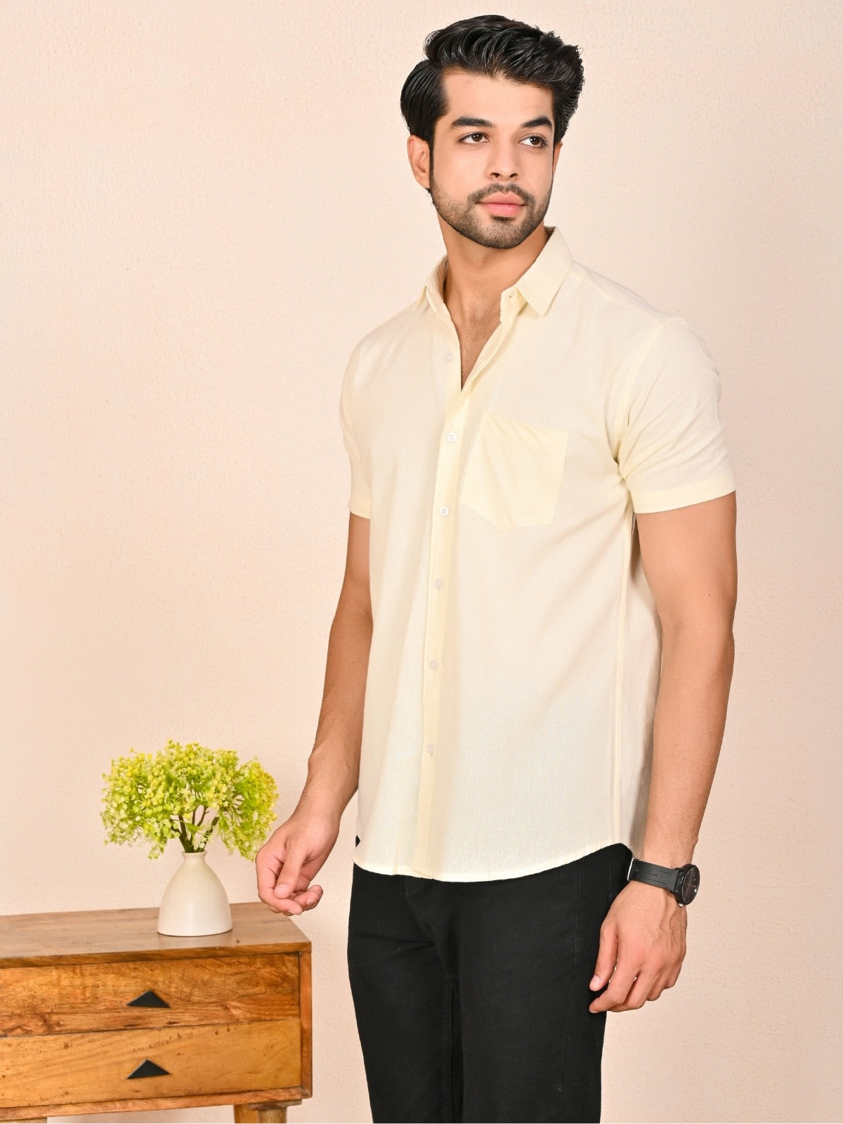 Mens solid Cream Half Sleeve Cotton shirt