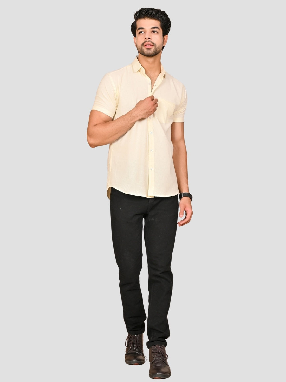 Cream And Grey Half Sleeve Linen Shirt Combo