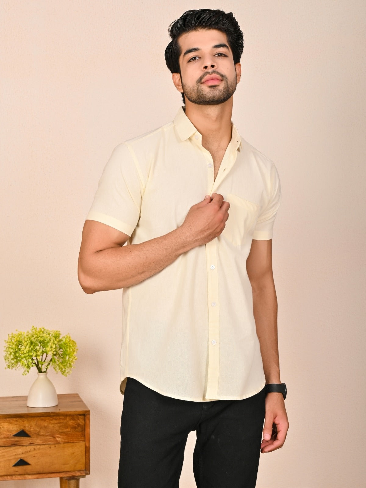 Mens solid Cream Half Sleeve Cotton shirt