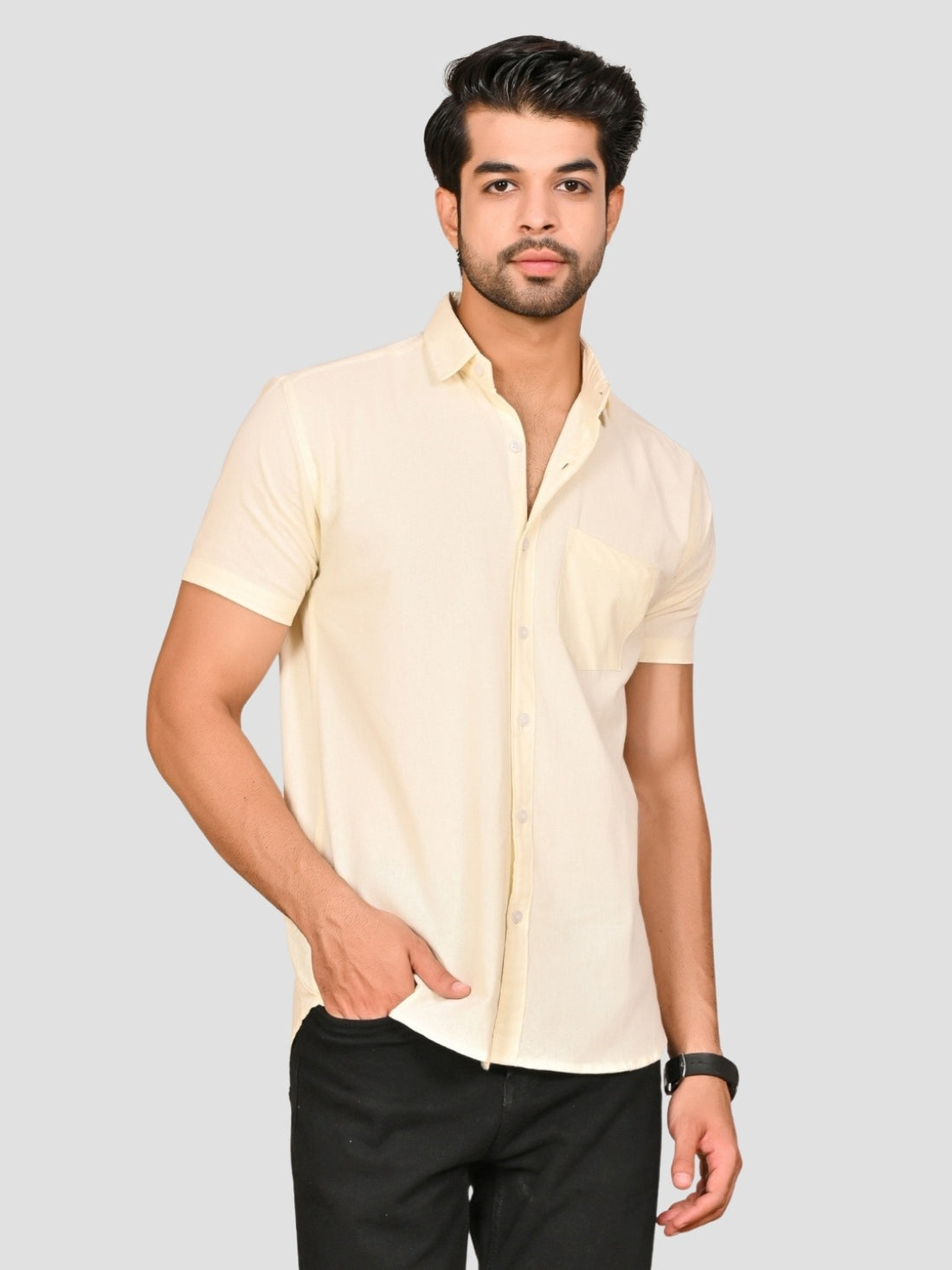 Cream And Teal Blue Half Sleeve Linen Shirt Combo