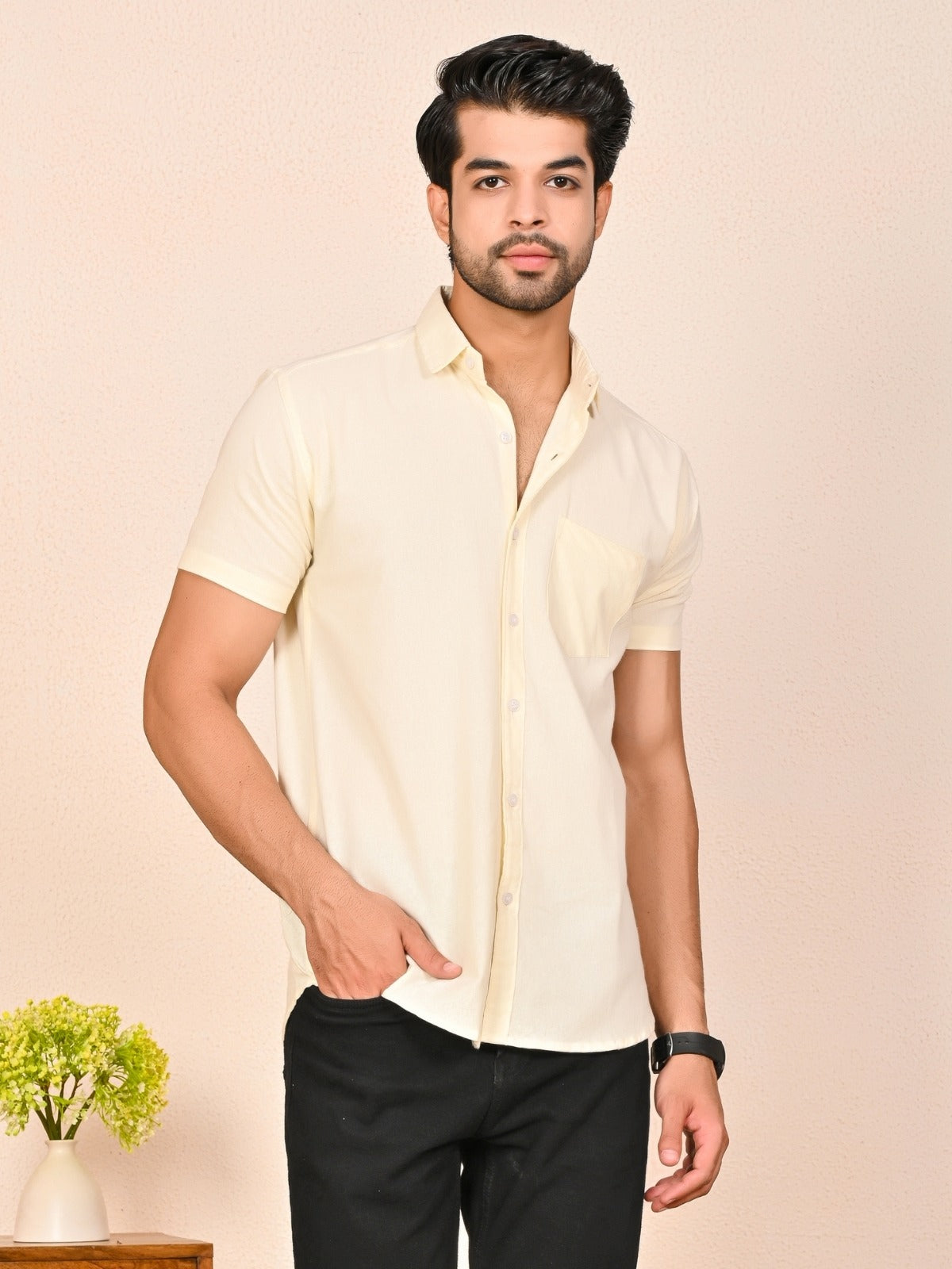 Mens solid Cream Half Sleeve Cotton shirt