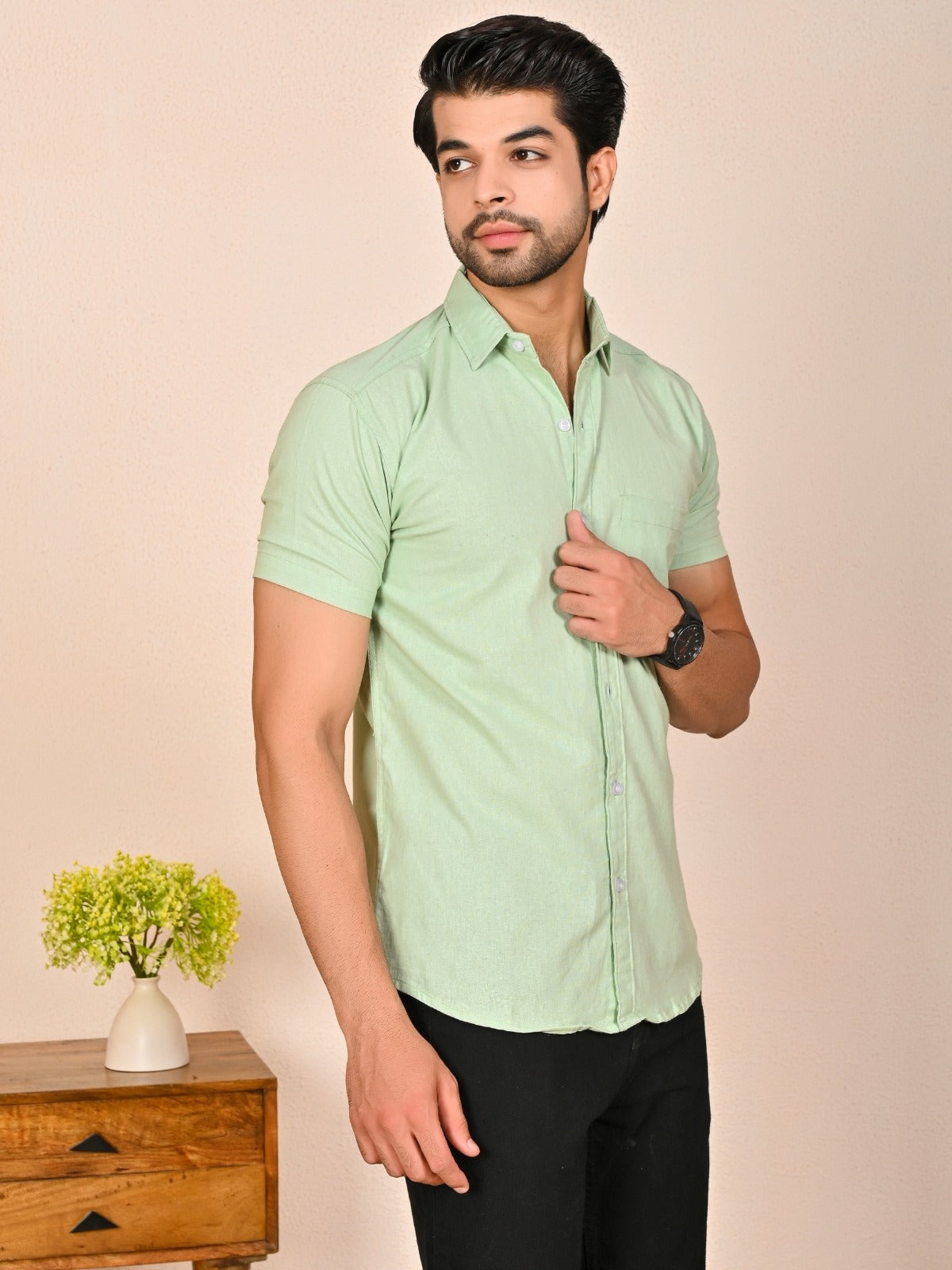 Mens solid Green Half Sleeve Cotton shirt