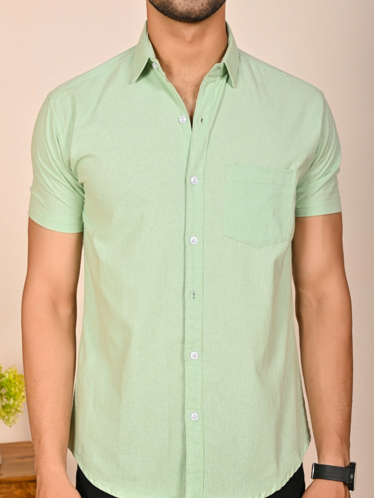 Mens solid Green Half Sleeve Cotton shirt