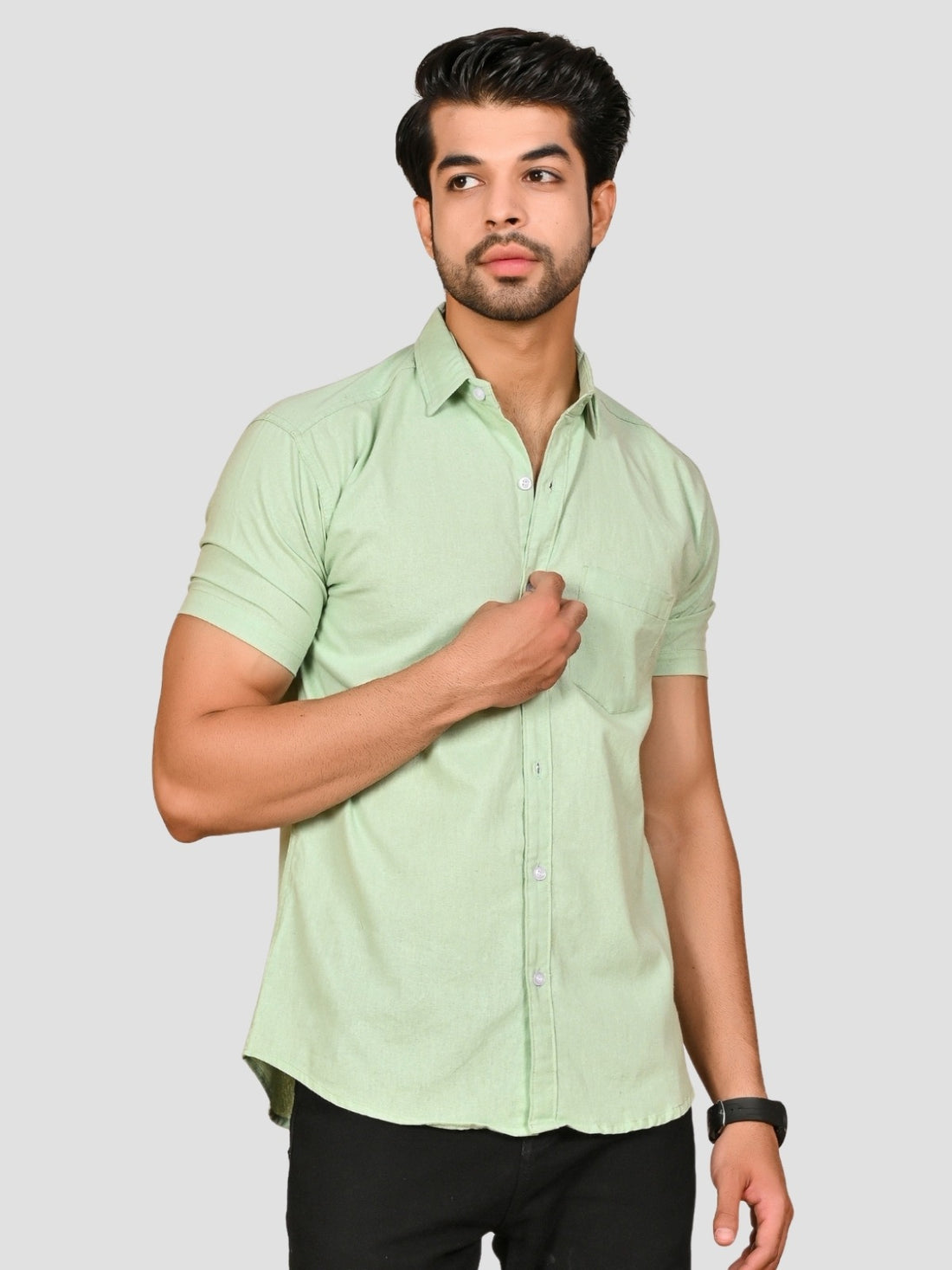 Green And Purple Half Sleeve Linen Shirt Combo
