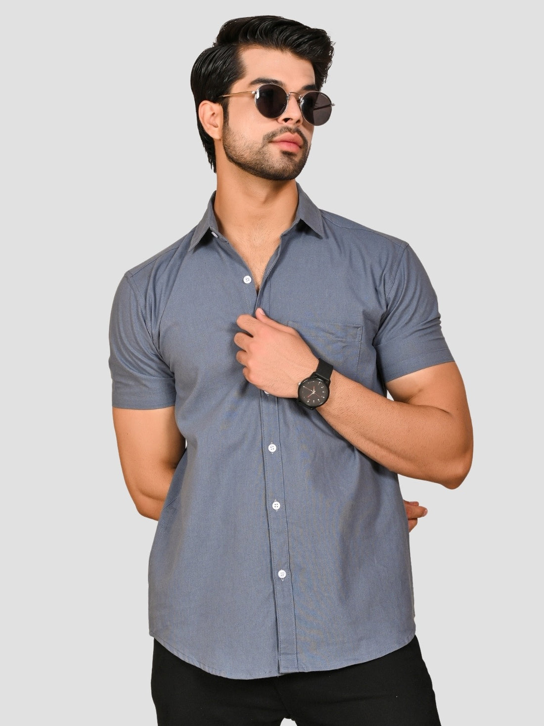 Black And Grey Half Sleeve Linen Shirt Combo