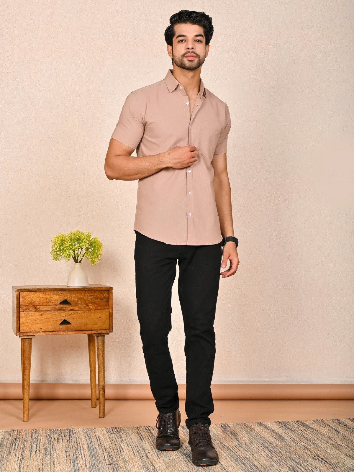 Mens solid Peach Half Sleeve Cotton shirt