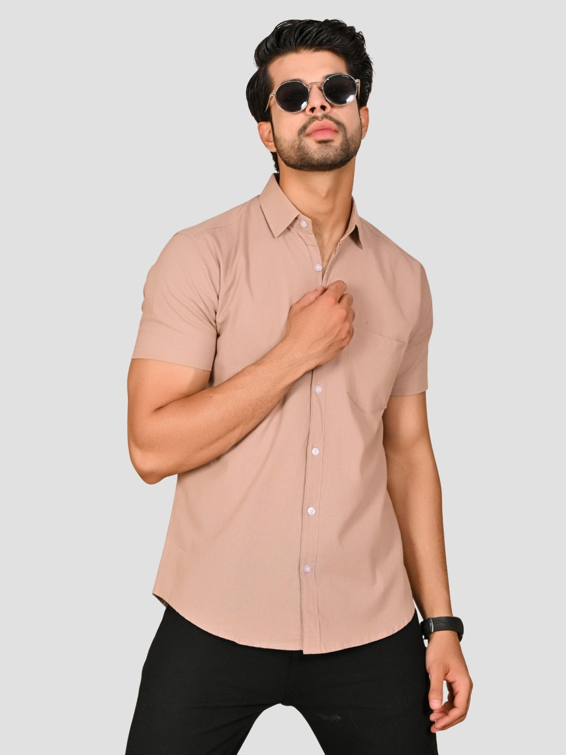 Peach And Pink Half Sleeve Linen Shirt Combo