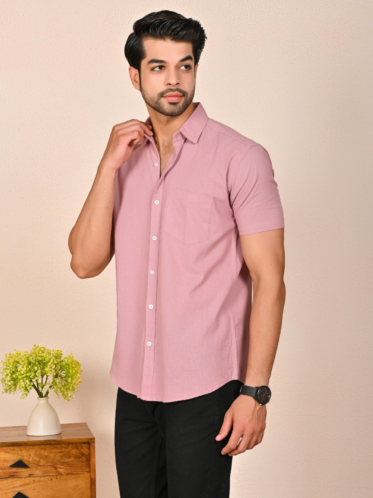 Mens solid Pink Half Sleeve Cotton shirt