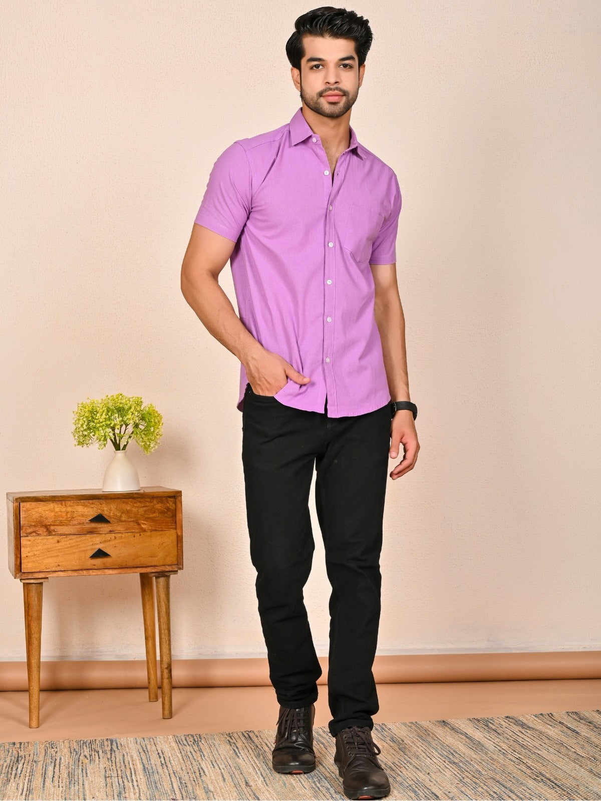 Mens solid Purple Half Sleeve Cotton shirt