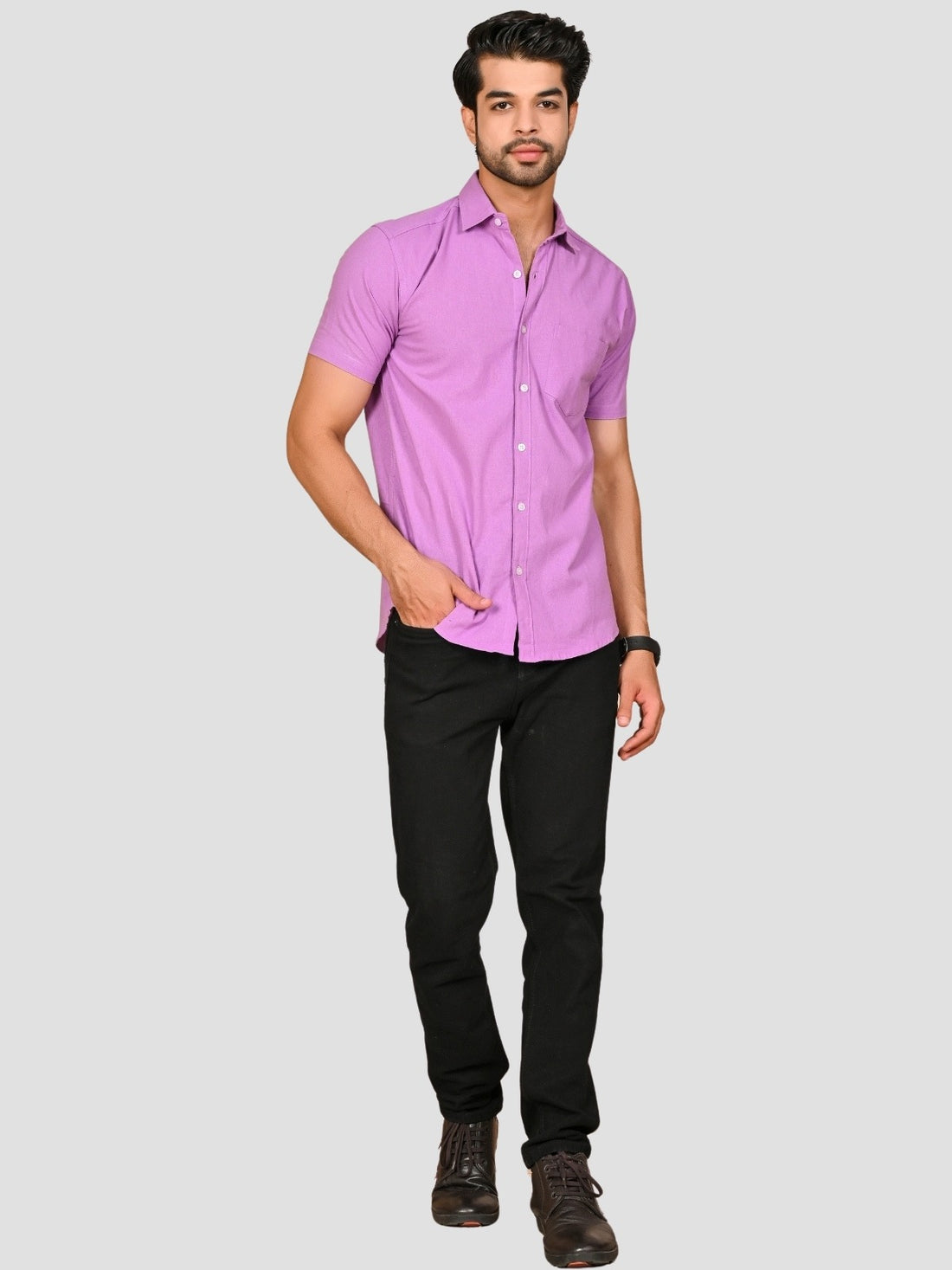 Purple And Teal Blue Half Sleeve Linen Shirt Combo