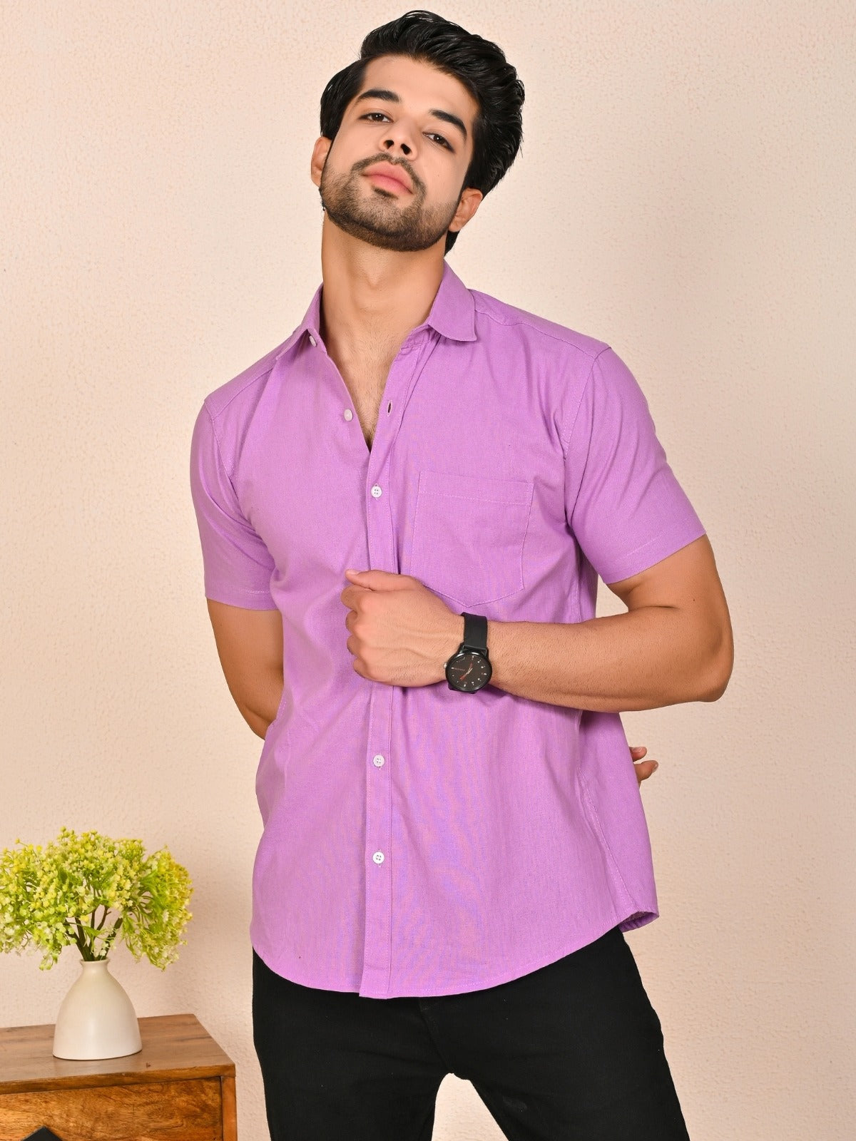 Mens solid Purple Half Sleeve Cotton shirt