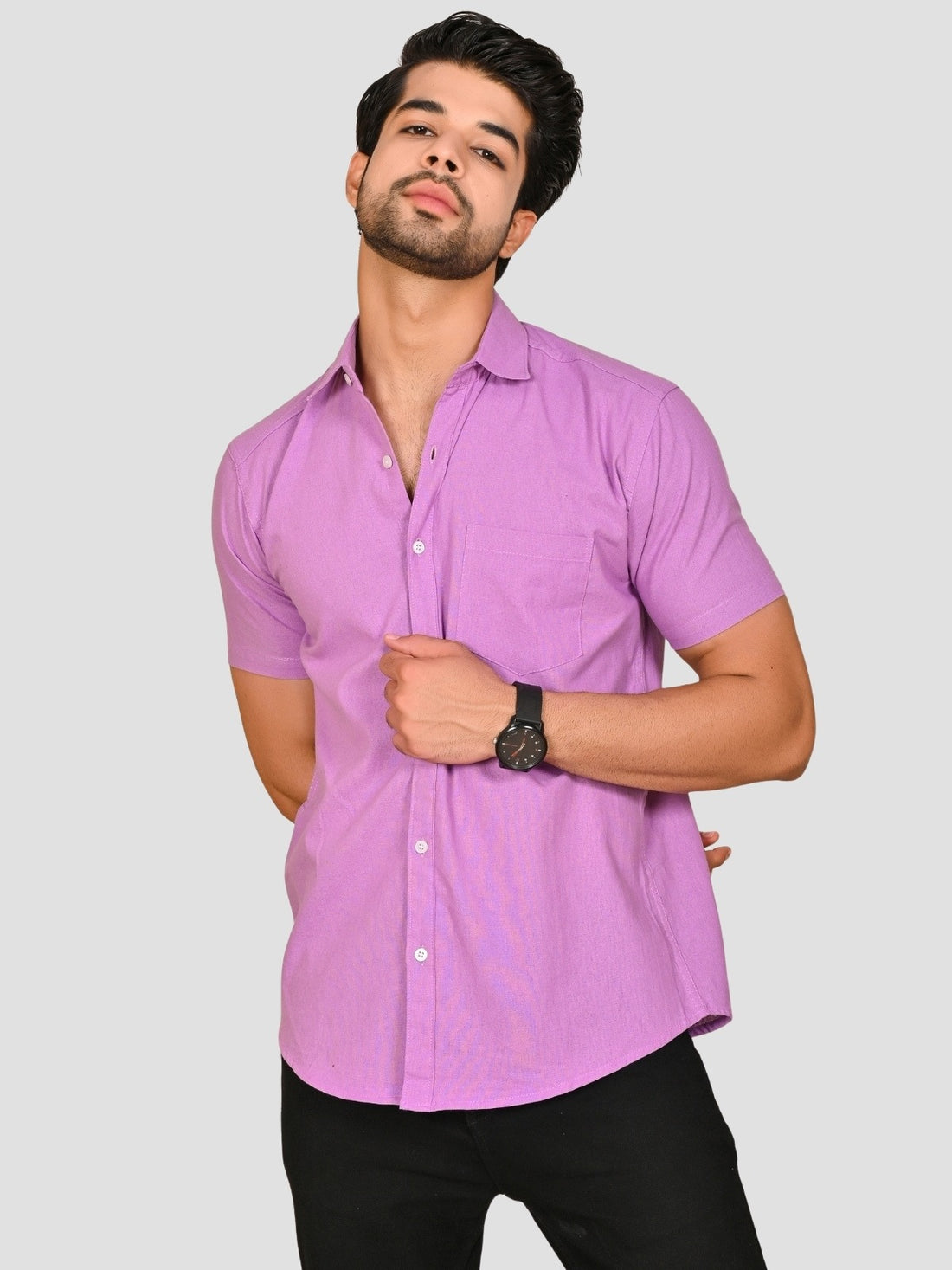 Purple And Pink Half Sleeve Linen Shirt Combo