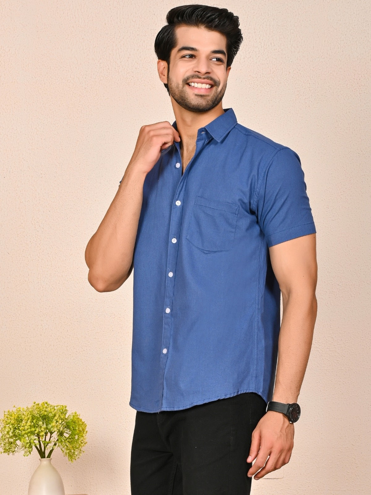 Mens solid Teal Blue Half Sleeve Cotton shirt