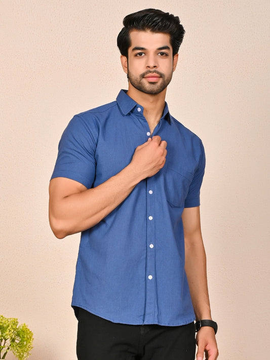 Mens solid Teal Blue Half Sleeve Cotton shirt