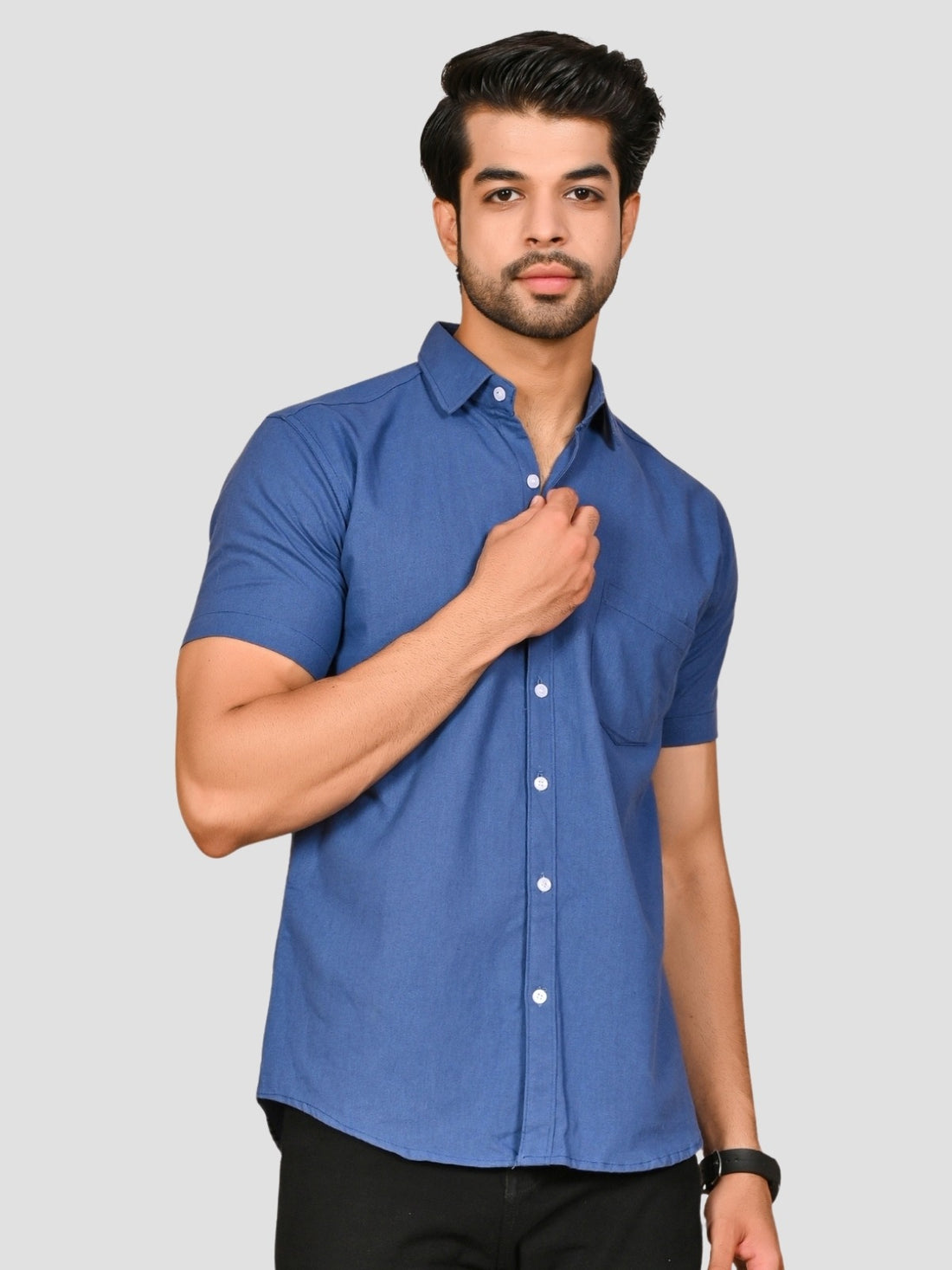 Beige And Teal Blue Half Sleeve Linen Shirt Combo