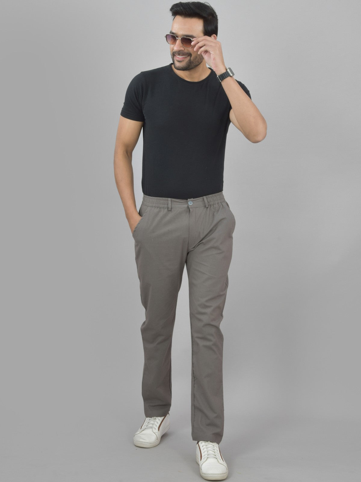 Combo Pack Of Mens Black And Grey Regualr Fit Cotton Trousers