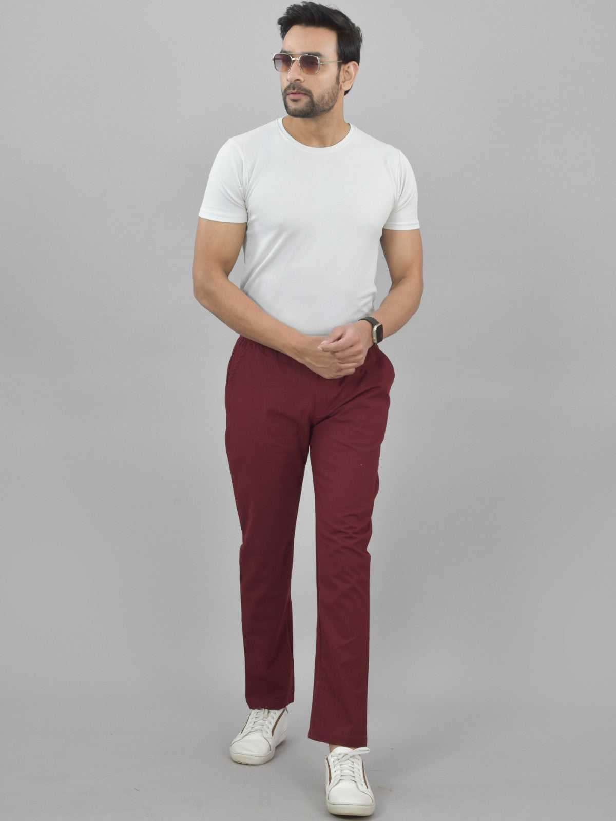 Combo Pack Of Mens Melange Grey And Wine Regualr Fit Cotton Trouser