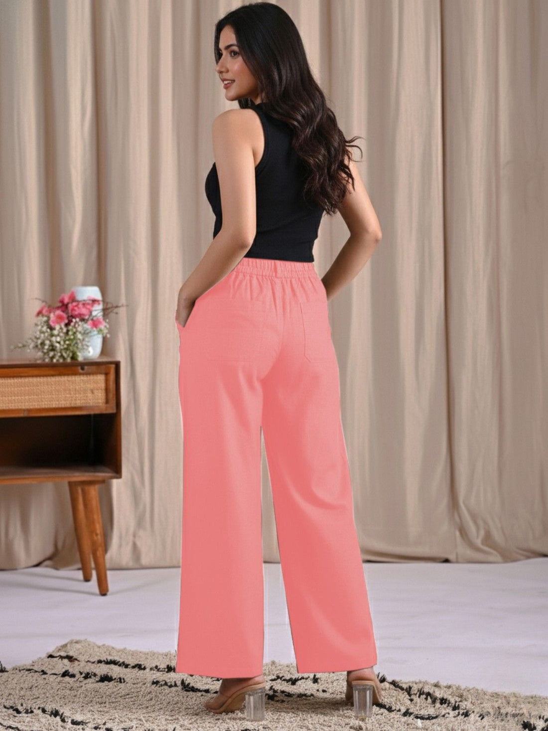 Womens Mauve Pink Cotton Wide Leg Pants