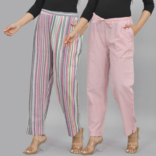 Combo Pack of 2 Womens Multicolor And Pink Cotton Stripe Trouser