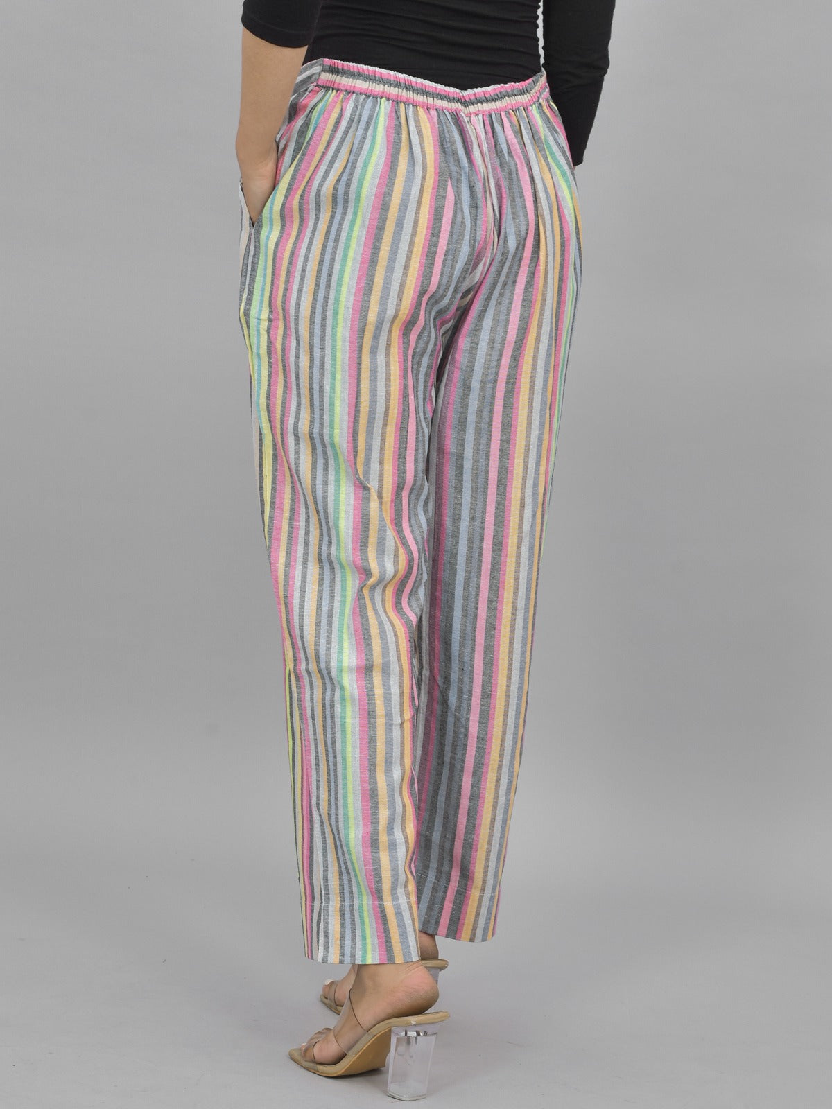 Pack Of 3 Womens Cream, Multicolor, Pink Cotton Stripe Trousers Combo