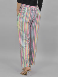 Pack Of 3 Womens Blue, Cream, Pink Cotton Stripe Trousers Combo