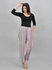 Pack Of 3 Womens Blue, Cream, Multicolor Cotton Stripe Trousers Combo