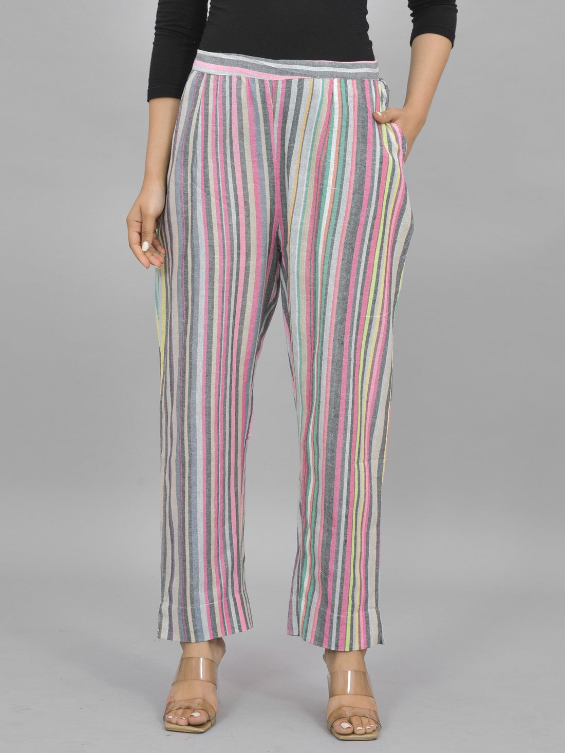 Combo Pack of 2 Womens Multicolor And Red Cotton Stripe Trouser