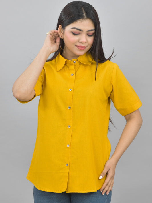 Women Solid Mustard Half Sleeve Spread Collar Cotton Shirt