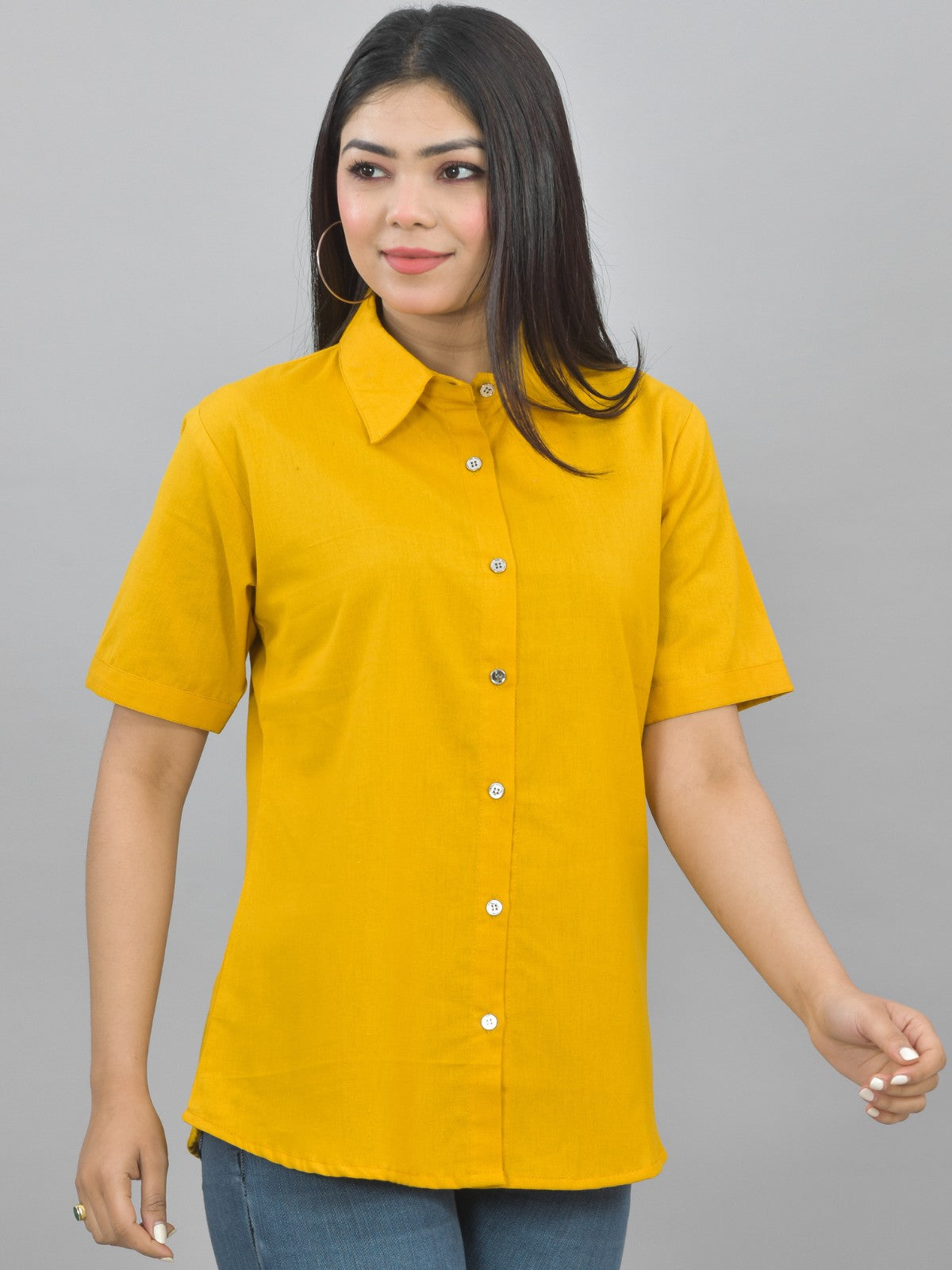 Women Solid Mustard Half Sleeve Spread Collar Cotton Shirt