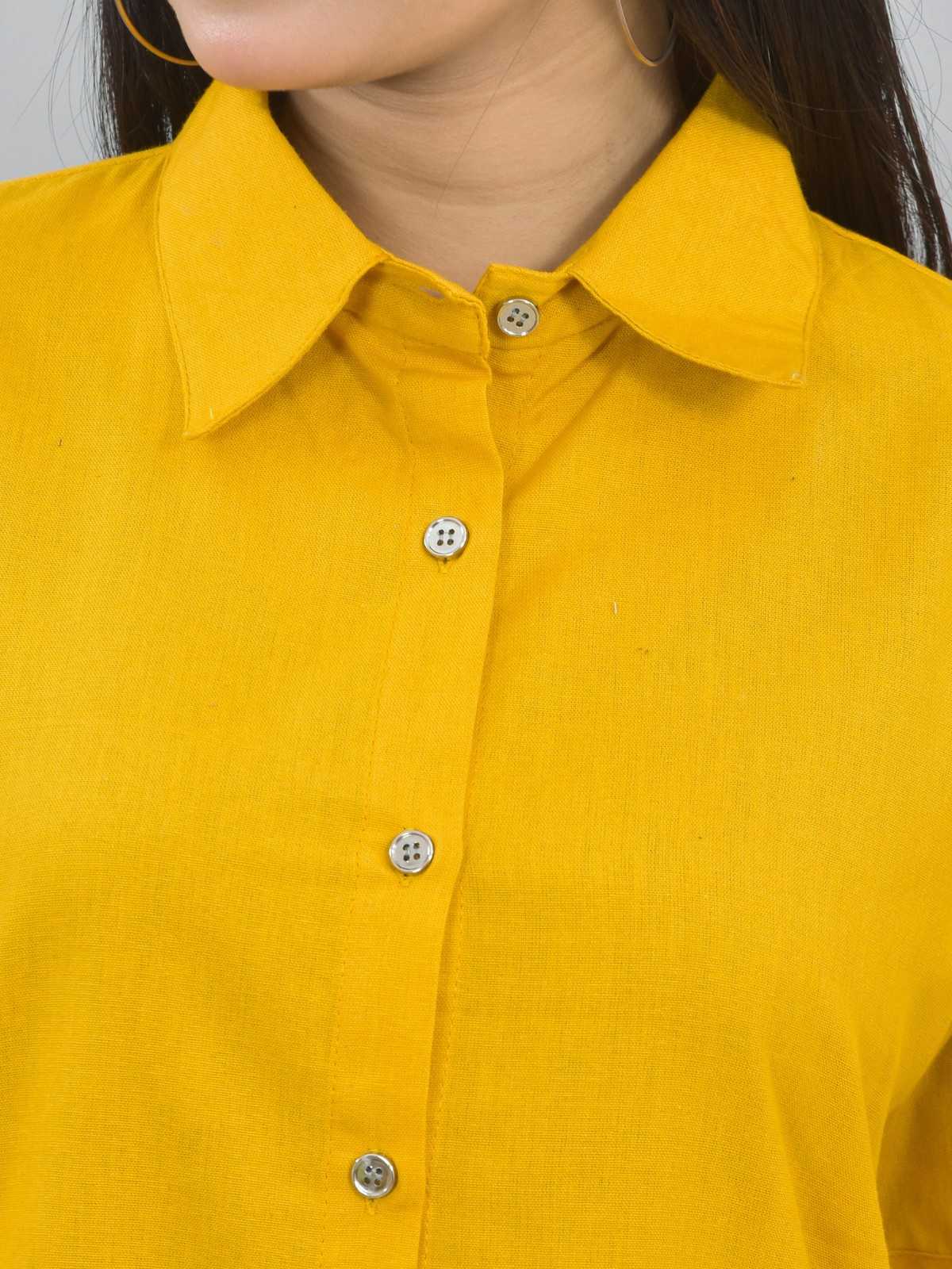 Women Solid Mustard Half Sleeve Spread Collar Cotton Shirt