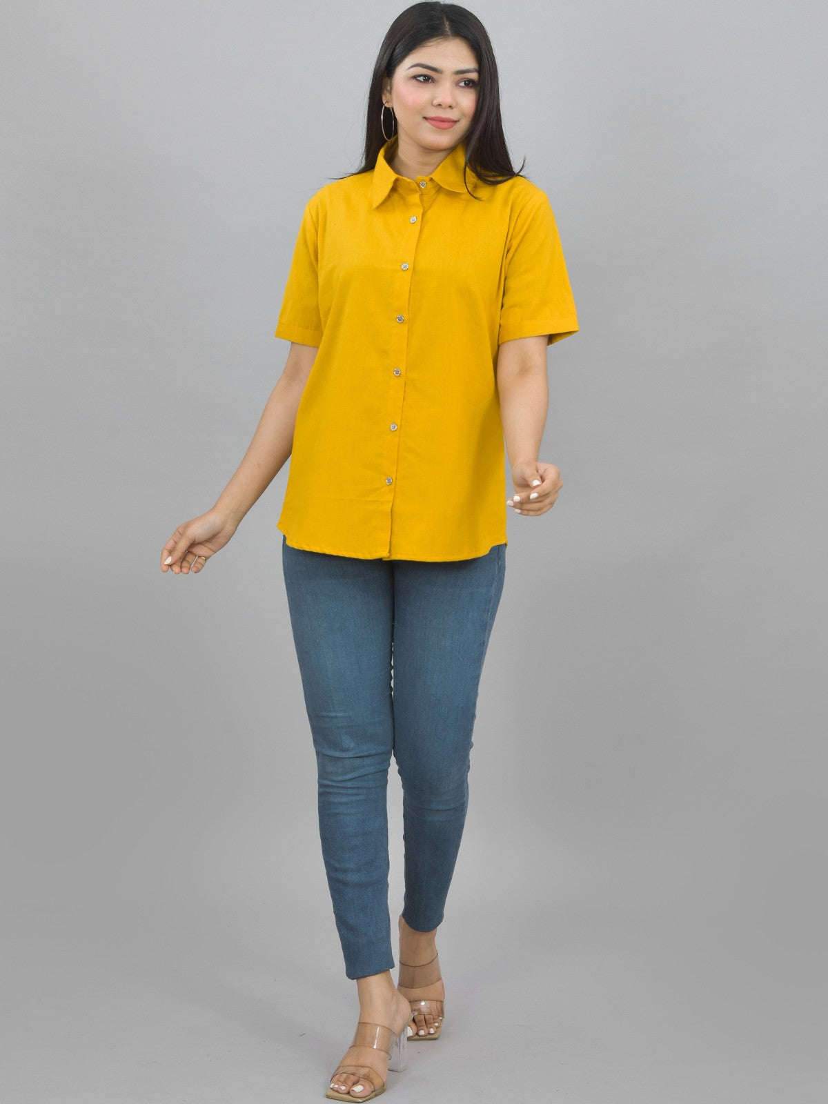 Women Solid Mustard Half Sleeve Spread Collar Cotton Shirt