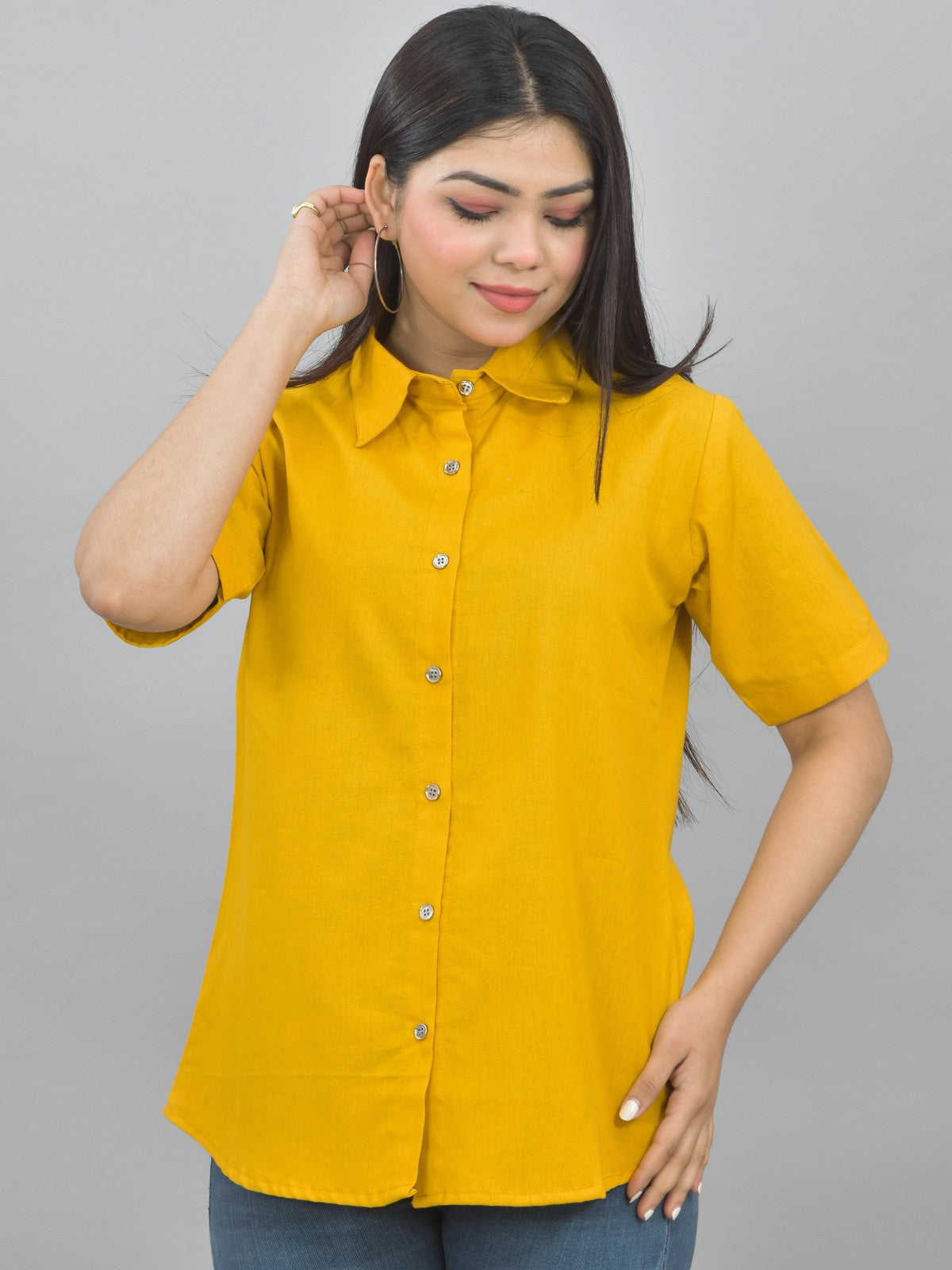 Pack Of 2 Womens Solid Mustard And Navy Blue Half Sleeve Cotton Shirts Combo