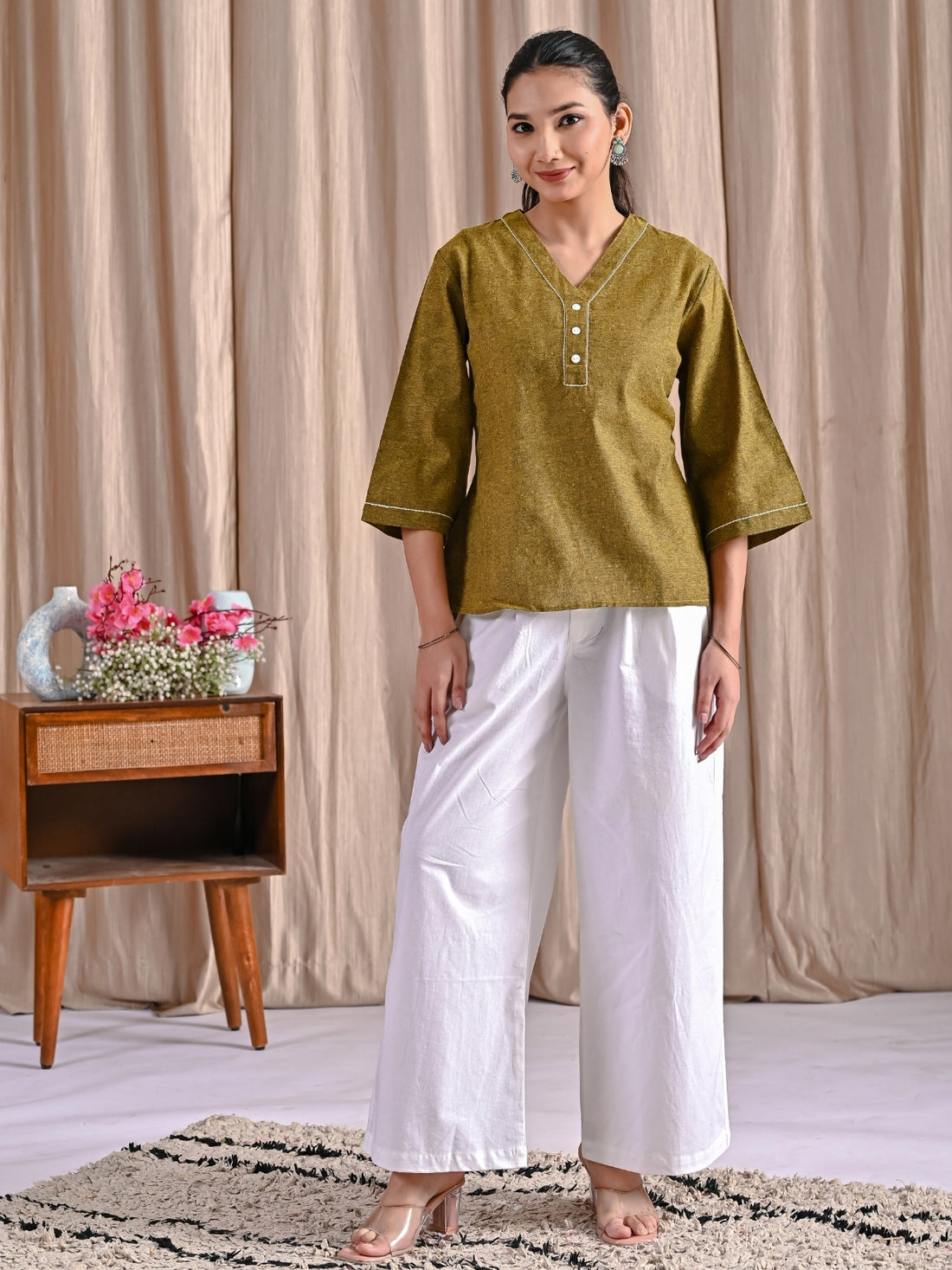 Mustard Handloom Cotton Anchor Thread Designer Top