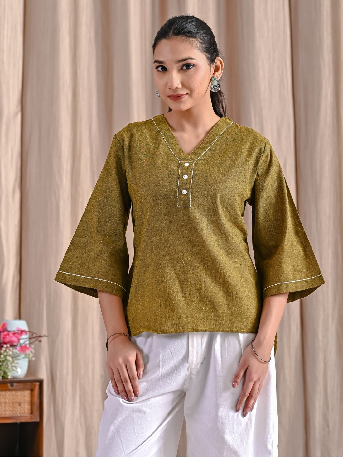 Pack Of 2 Mustard And White Handloom Cotton Anchor Thread Designer Tops