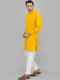 Quaclo Mens Solid Mustard Cotton Long Kurta