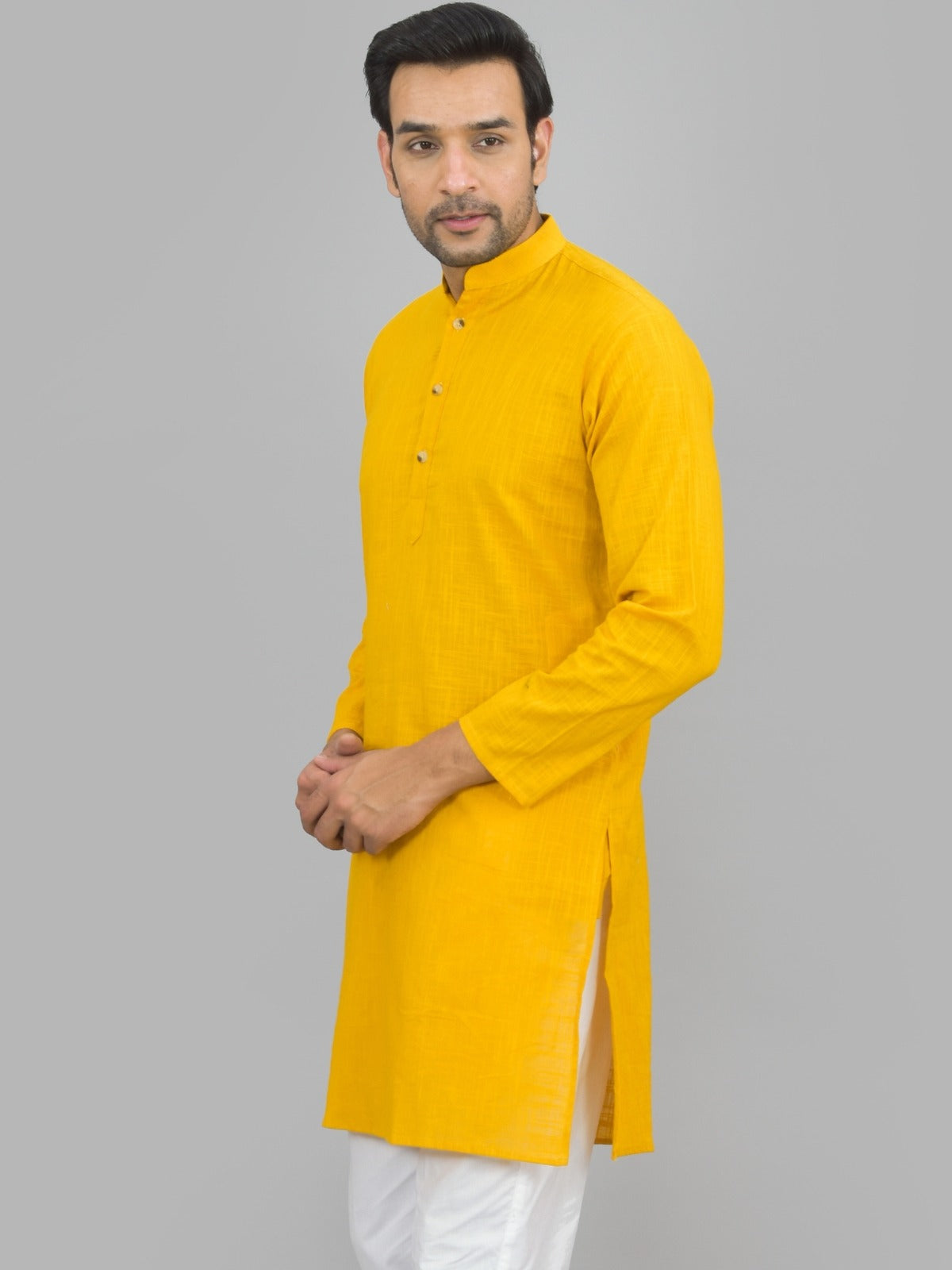 Quaclo Mens Solid Mustard Cotton Long Kurta