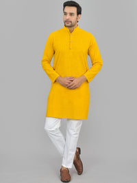 Quaclo Mens Solid Mustard Cotton Long Kurta