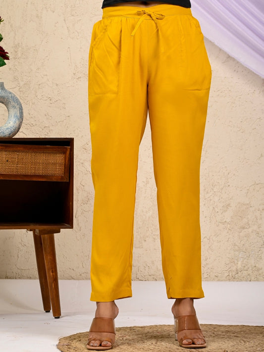 Women Regular Fit Mustard Rayon Trouser