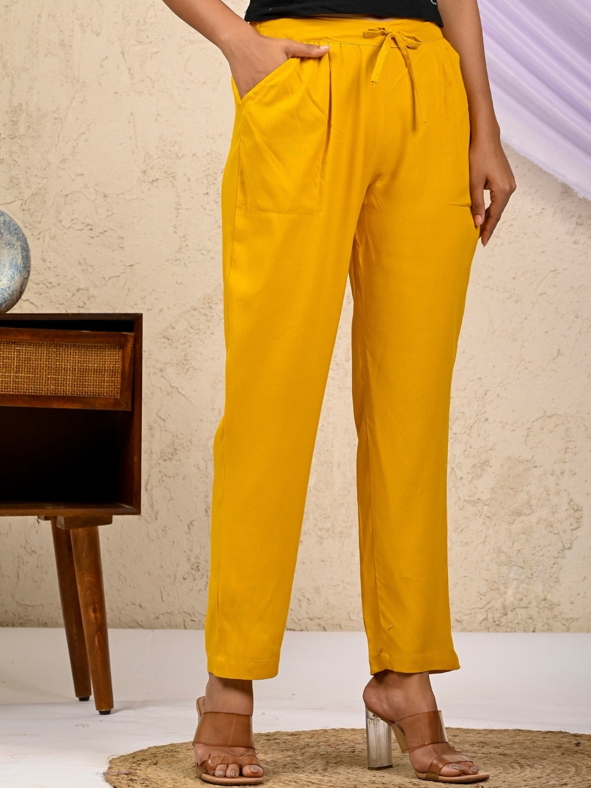 Women Regular Fit Mustard Rayon Trouser