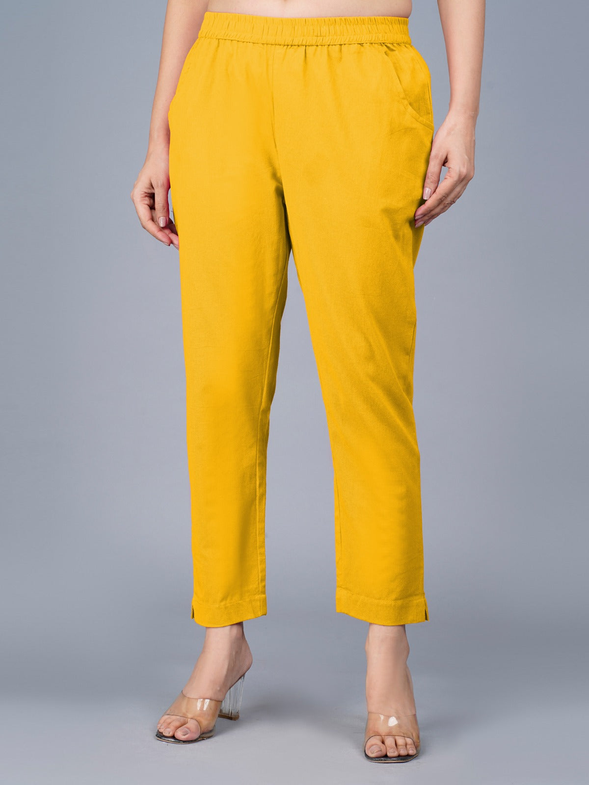 Women's Mustard Regular Fit Elastic Cotton Trouser