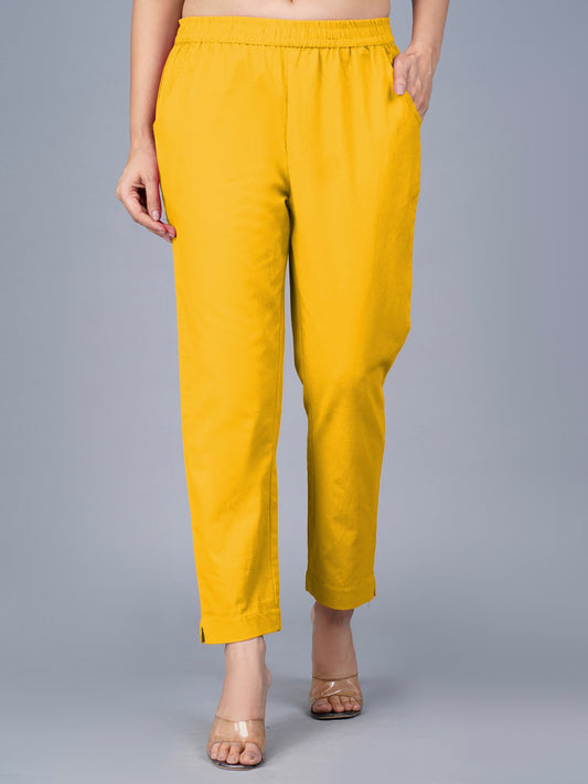 Women's Mustard Regular Fit Elastic Cotton Trouser